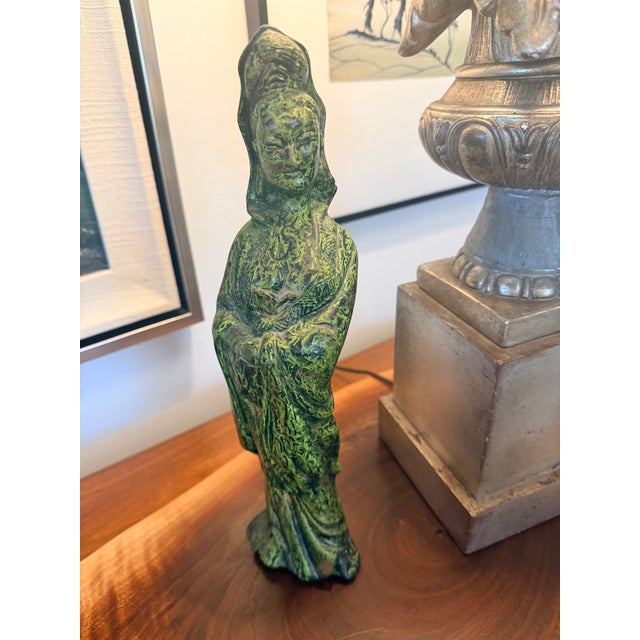 Vintage Handcrafted Verdigris Guanyin Ceramic Sculpture For Sale - Image 4 of 11