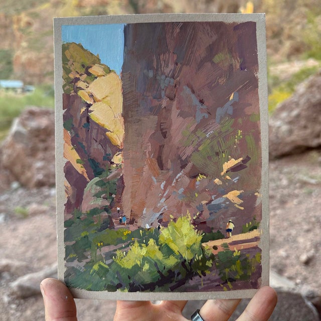 Echoes in The Canyon captures a serene moment within a rocky landscape, where towering cliffs loom over a winding path....