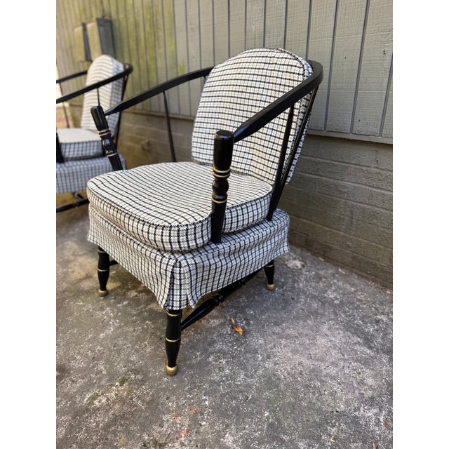 Chinoiserie Pair of Vintage Black Painted Barrel Back Tub Chairs For Sale - Image 3 of 18