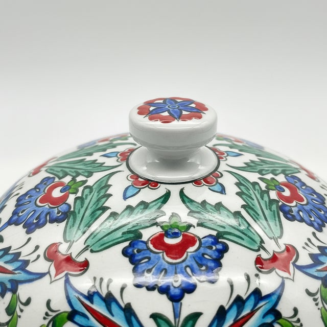 2020s Handmade Ceramic Lidded Bowl (16cm) Blue and Red Spring Flowers Flat Top Finial For Sale - Image 5 of 9