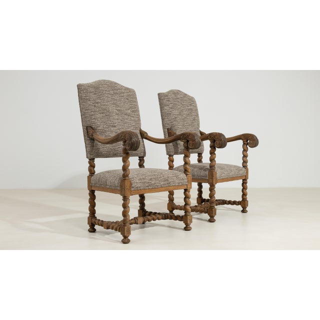 Wood Pair of Oak Castle Upholstered Armchairs, Antique, France, 19th Century For Sale - Image 7 of 14