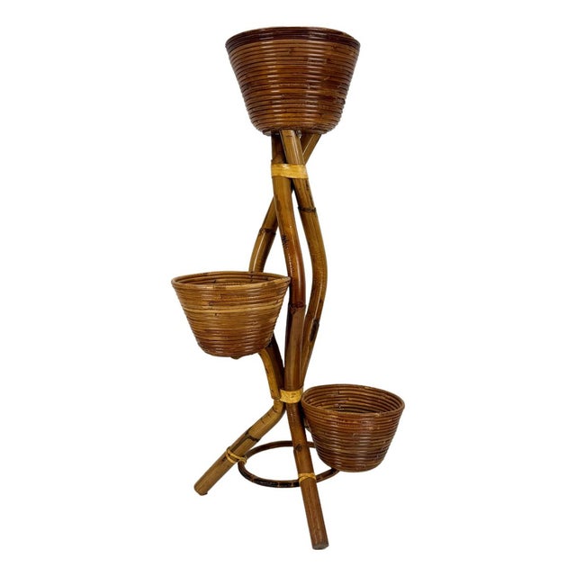 Wood Mid-Century Italian Bamboo 3- Basket Plant Stand, 1960s For Sale - Image 7 of 7