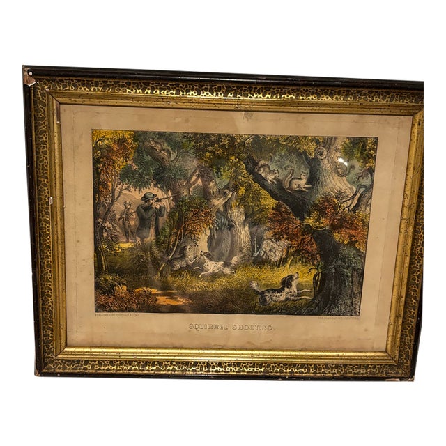 1850s Framed Original Currier & Ives Hand-Colored Lithograph, "Squirrel Shooting" For Sale