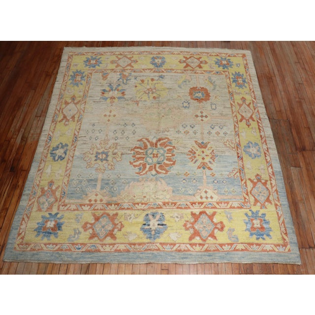 Early 21st Century Early 21st Century Zabihi Collection Stunning Turkish Blue Yellow Oushak Rug - 8'3" x 9'5" For Sale - Image 5 of 12