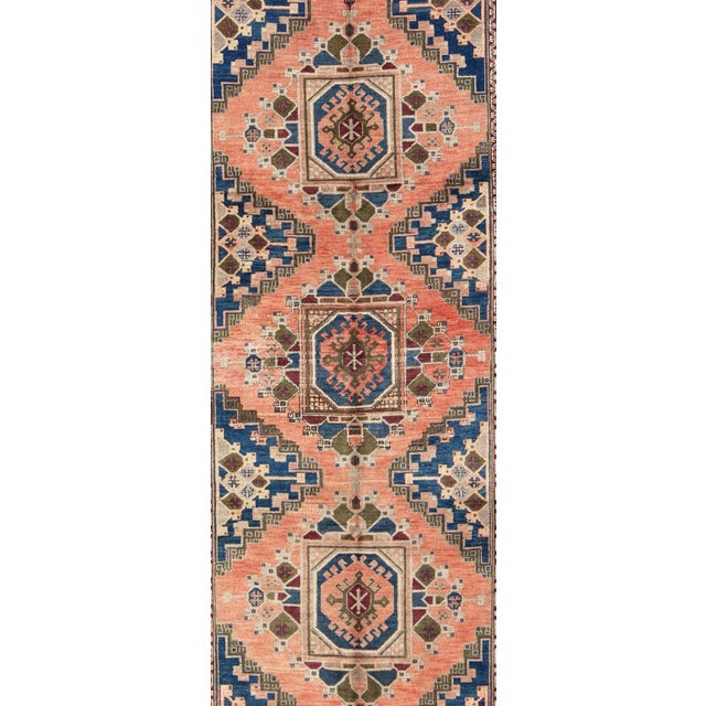 Vintage Oushak rug from Turkey with Medallions in salmon pink and blue. Keivan Woven Arts / rug isa-3361, country of...