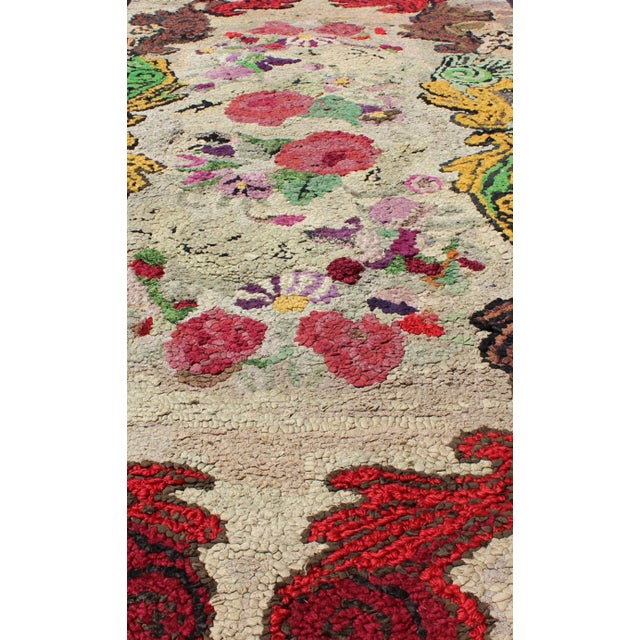 Textile Antique American Hooked Rug With Red Rose, Brown, Green, Yellow Flower Bouquets For Sale - Image 7 of 8