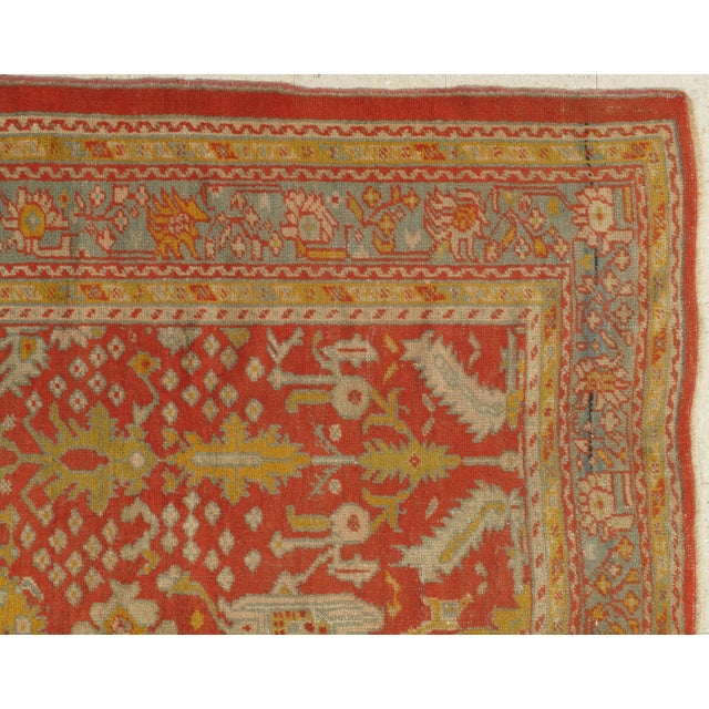 Textile Antique Oushak Carpet, Oriental Rug, Handmade Rug Saffron, Light Blue and Coral For Sale - Image 7 of 18