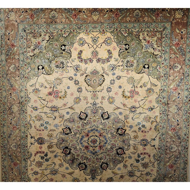 Vintage Persian Tabriz Rug, Hand-Knotted Wool & Silk, Fine Floral Pattern, Ivory & Taupe, 7x10 For Sale - Image 13 of 18