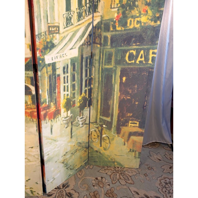 Vintage Double-Sided Parisian Street Scene Canvas 4-Panel Room Divider Screen For Sale - Image 4 of 12