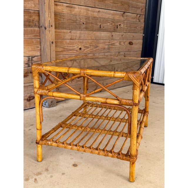 Wood Vintage Rattan and Bamboo Coffee Table With Glass Top and Lower Shelf For Sale - Image 7 of 12