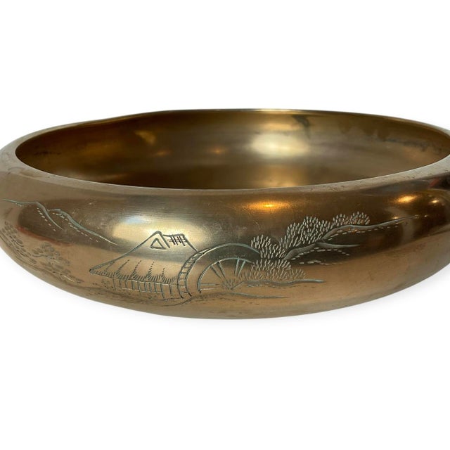 Brass Vintage Brass Asian Landscape Bowl Engraved Chinoiserie Decor 9.25” For Sale - Image 8 of 11