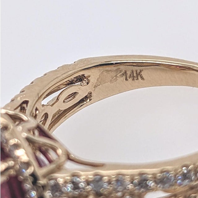 Ruby Ring With Earth Mined Diamonds Halo: Solid 14k Gold, Round 9mm, Size 6.75 For Sale - Image 9 of 9