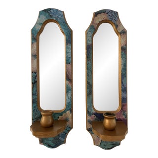 Vintage Floral Mirrored Wood Candle Sconces, a Pair For Sale