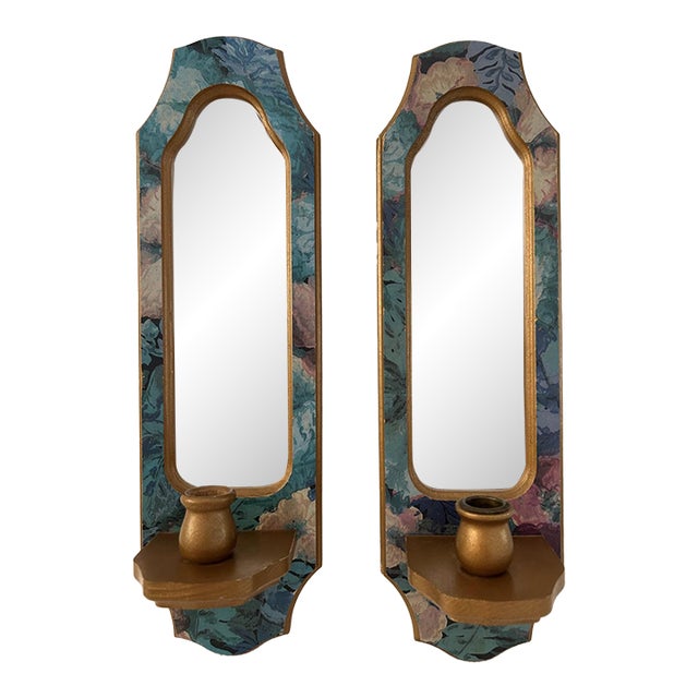 Vintage Floral Mirrored Wood Candle Sconces, a Pair For Sale