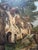 A striking large-scale 19th-century French oil painting depicting a picturesque group of historic stone houses in...