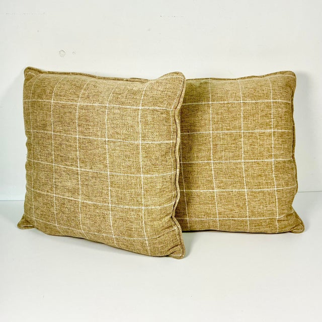 A lovely pair of contemporary Americana Window Pane Decorative Pillows. They feature a tweed fabric in a tan and white....