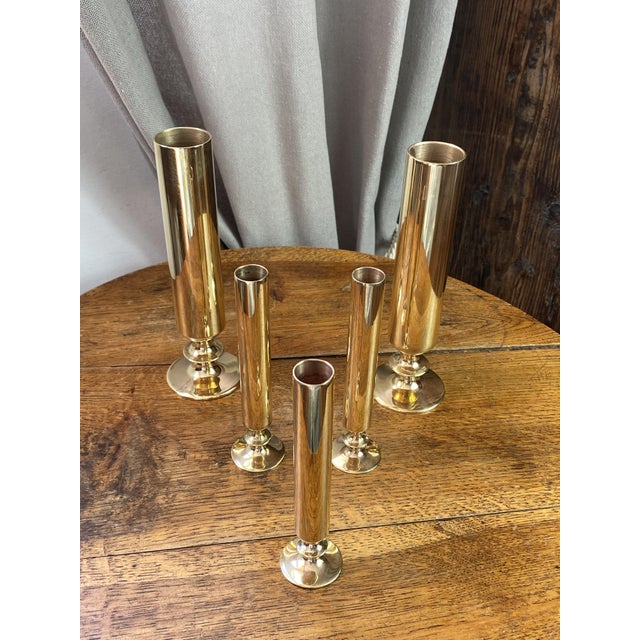 Tubular Candlesticks and Bud Vases in Brass, 1950s, Set of 5 For Sale - Image 15 of 15