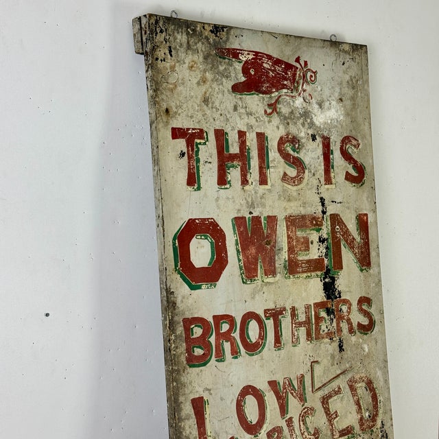 Salvaged Early 20th Century Antique Wood Trade Sign Advertising "Owen Brothers Clothing House", Hand Painted For Sale - Image 4 of 13