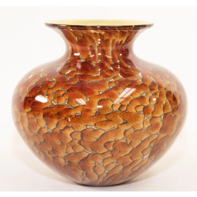 Murano style tortoise brown, amber and black signed art glass large vase. Stunning masterpiece of studio art glass hand-...