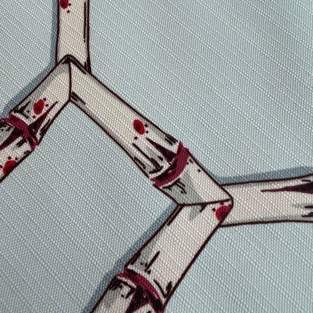 1990s 10 yard roll of Scalamandre “Baldwin Bamboo Outdoor Print” cream and red on Aqua // Chinoiserie outdoor fabric // designer upholstery fabric For Sale - Image 5 of 7