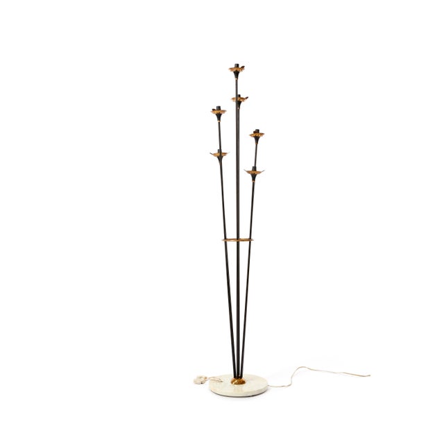 Floor lamp in iron and brass, with marble base. Six lights with different heights. Monza, circa 1960s European Plug (up to...