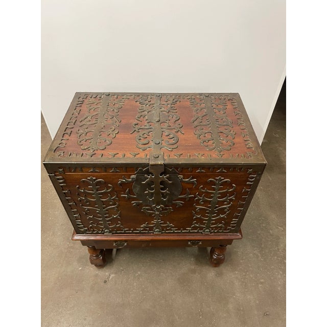 Late 20th Century Vintage Tudor Style Wood and Iron Trunk on Stand For Sale - Image 4 of 12