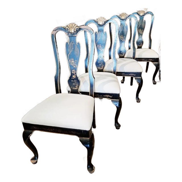 1950s Queen Anne Chinoiserie Painted Dining Chairs- Set of 4 For Sale