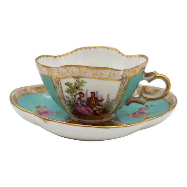 Circa 1888-1916 Richard Klemm, Dresden Quatrefoil Demitasse Cup & Saucer For Sale