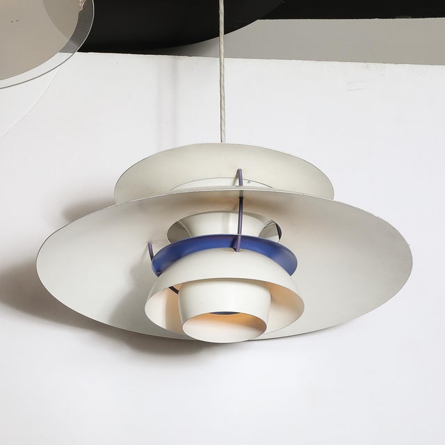Paint Mid-Century Ph5 Pendant White & Blue Enamel Chandelier by Poul Henningsen For Sale - Image 7 of 12