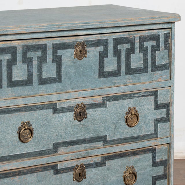 19th Century Swedish Gustavian Blue Chest of Three Drawers With Greek Key Design For Sale - Image 11 of 14