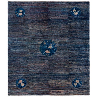 Doris Leslie Blau Vintage Chinese Floral Navy Blue Hand-Knotted Wool Rug For Sale