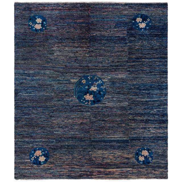 Doris Leslie Blau Vintage Chinese Floral Navy Blue Hand-Knotted Wool Rug For Sale