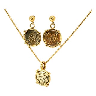 Antique 14K Yellow Gold Coin Earrings and Pendant Necklace, 3 Pieces For Sale
