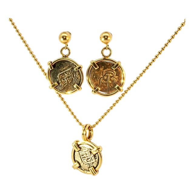 Antique 14K Yellow Gold Coin Earrings and Pendant Necklace, 3 Pieces For Sale