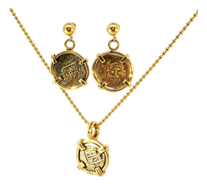 Antique 14K Yellow Gold Coin Earrings and Pendant Necklace, 3 Pieces