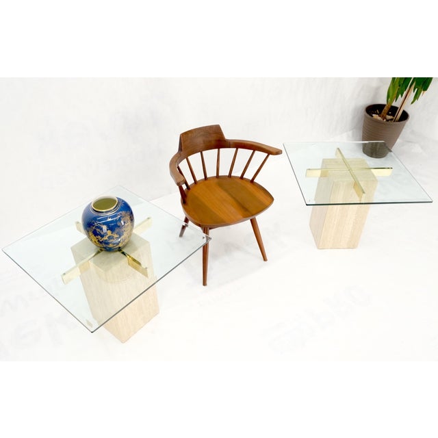Pair Travertine Bases Cross Support Glass Top End Side Occational Tables Stands For Sale - Image 10 of 15