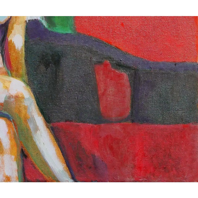 Red 1970s Modern Abstract Red and Green Toned Interior Painting of a Nude Female Figure by Margaret Nobler For Sale - Image 8 of 9