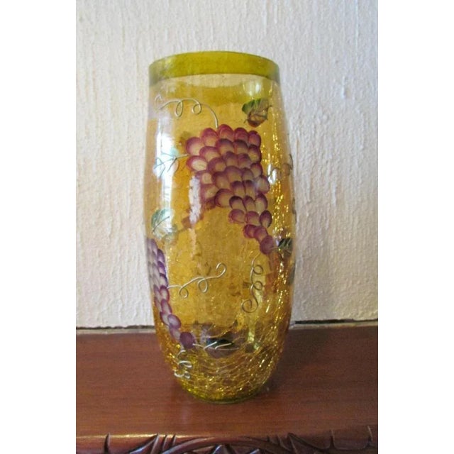 Yellow Glass Vase with Cracked Paint & Grape Motif, 1950s For Sale - Image 6 of 6
