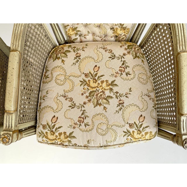 Cream 1950s Pair of Hibriten Chair Co. Louis XVI-Style Bergère Armchairs | Cream & Gilt | Cane Sides | Floral Brocade | Lenoir Nc For Sale - Image 8 of 12