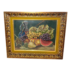 Vintage Original Hand Embroidered Still Life Fruit Sewn Needlepoint Art Sampler