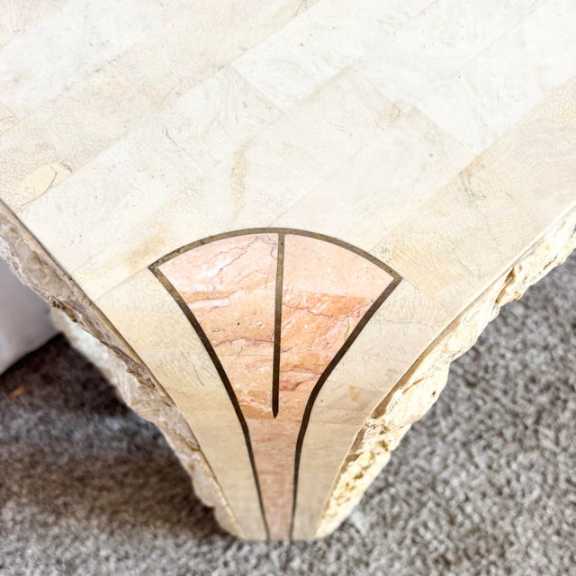 Stone Postmodern Tessellated Beige and Pink Stone Console Table With Brass Inlay For Sale - Image 7 of 10