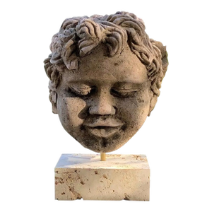 Exquisite Hand-Carved Sandstone Putto/Cherub Head Sculpture on Natural Stone Base