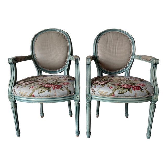 1970’s Vintage Palm Beach Louis XVI–Style Oval Back Arm Accent / Dining Chairs – A Pair For Sale