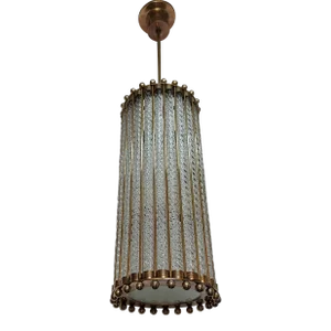 Vintage Art Deco Skyscraper Rod Ship Light Hanging Pendant Fixture in Brass & Ribbed Glass