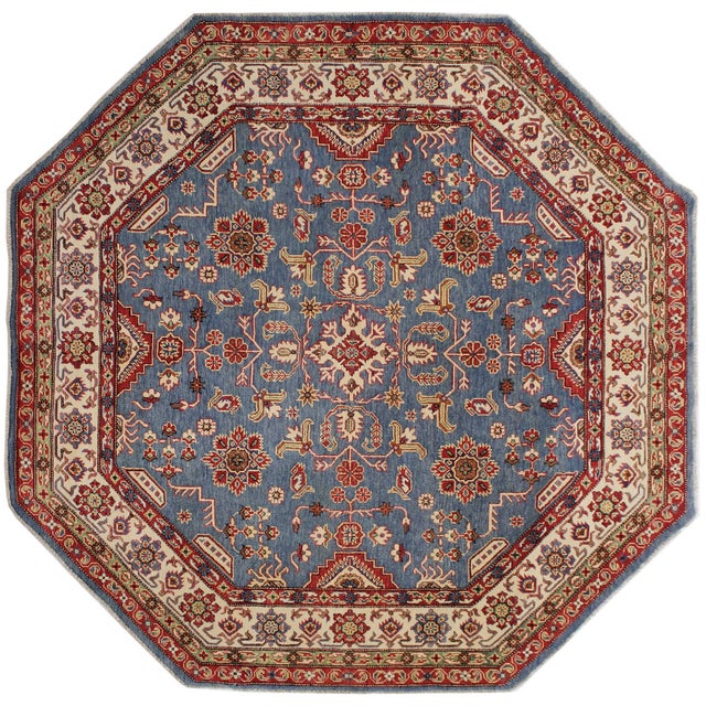 Ivory Bohemian Kazak Blue/Ivory Wool Octagon Rug- 7'8'' X 7'9'' For Sale - Image 8 of 10
