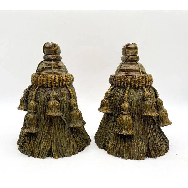 Hollywood Regency 1980's Trompe L’oeil Bronze Colored Resin Tassel Bookends - a Pair For Sale - Image 3 of 10