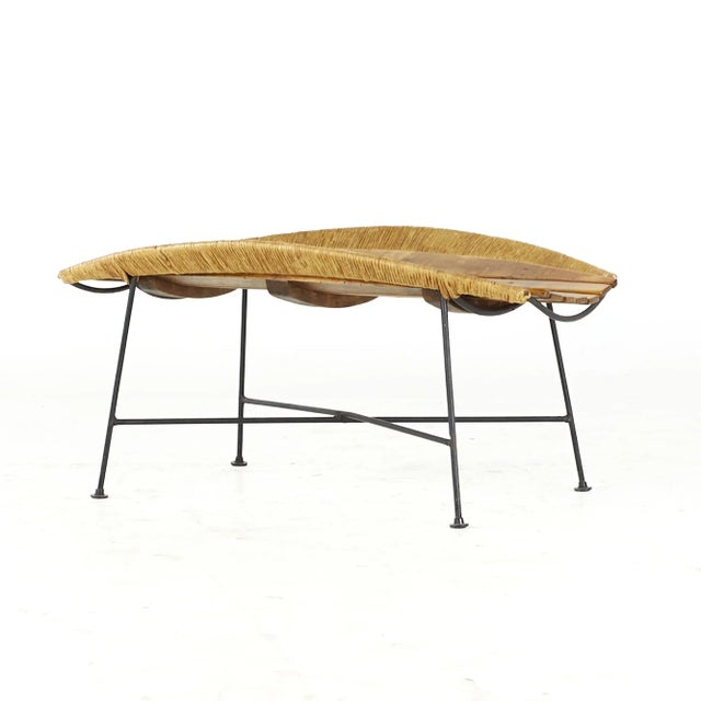 Black Arthur Umanoff Mid Century Iron and Rattan Catchall Table Stool For Sale - Image 8 of 10