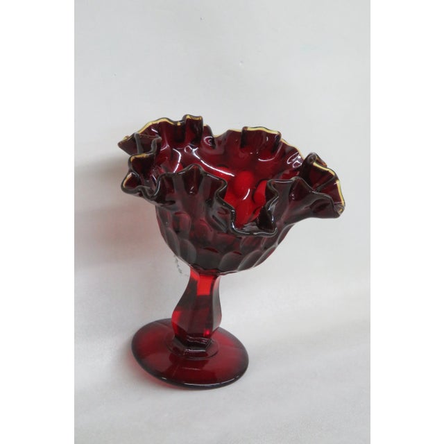 Fenton Thumbprint Compote Ruby Red Yellow Crest Double Crimped Rim For Sale - Image 10 of 12