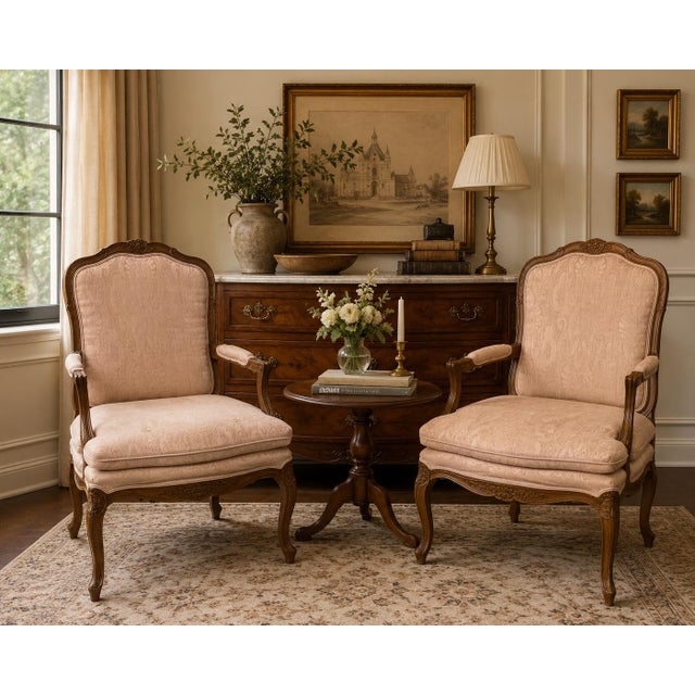 Vintage Louis XV Upholstered Fauteuil Armchairs - A Pair For Sale - Image 11 of 11