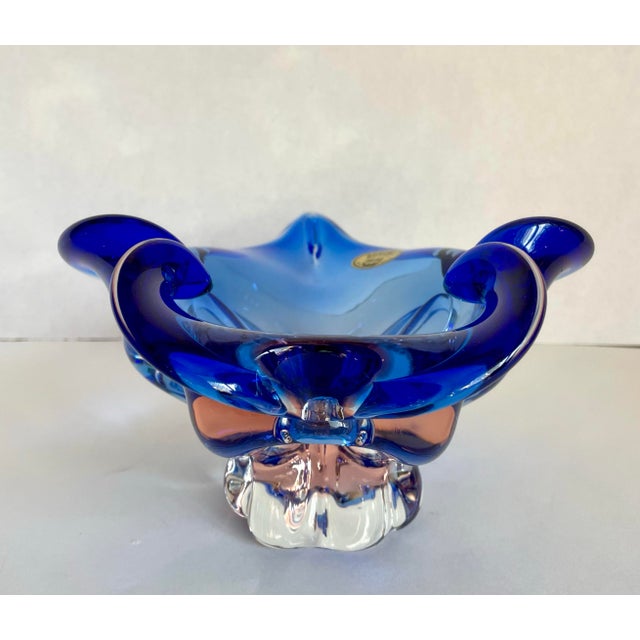 Mid 20th Century Vintage Bohemia Czech Cobalt Blue & Pink Art Glass Centerpiece Bowl For Sale - Image 5 of 11